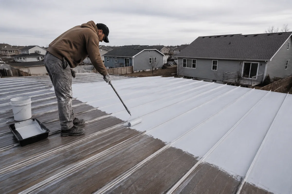 Metal Roof Recoat & Restoration underway on a property in Boise, ID