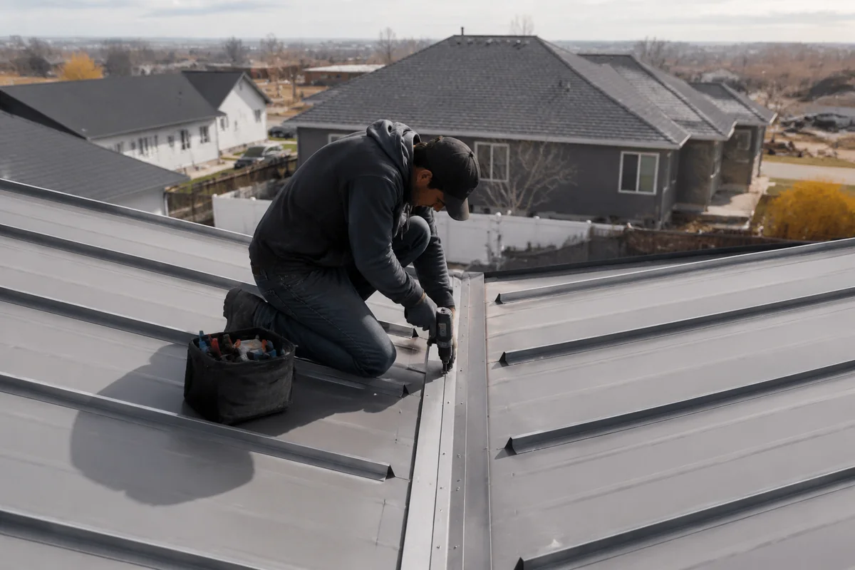 Metal Roof Repair underway on a property in Boise, ID